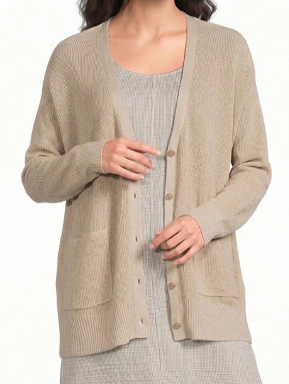 Eileen Fisher Knit V-neck Long Sleeve Button Front Cardigan Natural Beige Small